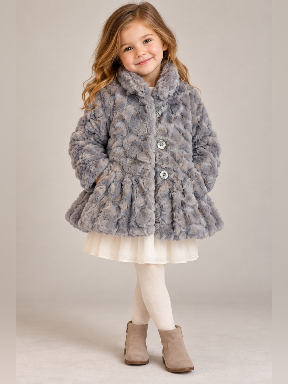 Calvin Klein Girls Gray Faux Fur Peplum Coat Size 4T